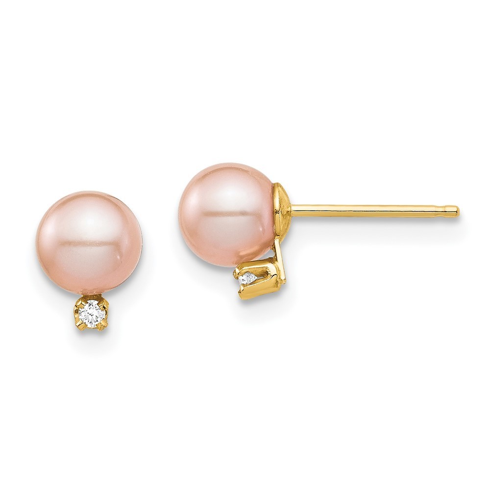 14k Yellow Gold Childrens 5-6mm Pink Round Fwc Pearl .02ct Diamond Post Earrings